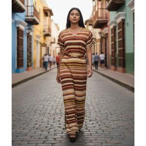 Vintage Autumn Colors Striped Knit Maxi Sweater Dress Short Sleeve Medium